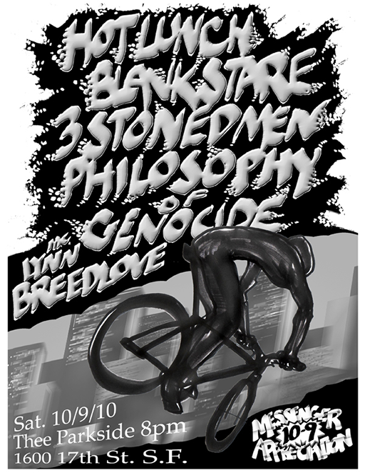 A guy on a bike doing tricks-SF Bike Messenger Event Flyer by Lance Mitchell